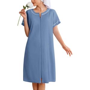 Ekouaer Women Zipper Robe Short Waffle Knit Bathrobe Lightweight Housecoat Soft Knee Length Loungewear with Pockets Navy Blue, S