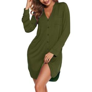 Ekouaer Womens Button Down Nightgown Long Sleeves Sleepwear V Neck Nightgowns for Women(Armygreen)