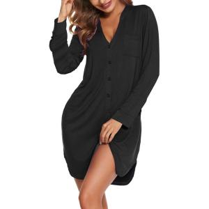 Ekouaer Womens Button Down Nightgown Long Sleeves Sleepwear V Neck Nightgowns for Women(Black)