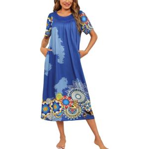 Ekouaer Women’s House Dress with Pockets Long Nightgowns for Women House Dress Pleated Front Moo Moos for Women S-XXXL(Blue Mandala)