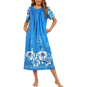 Ekouaer Women’s House Dress with Pockets Long Nightgowns for Women House Dress Pleated Front Moo Moos for Women S-XXXL(Floral Blue)