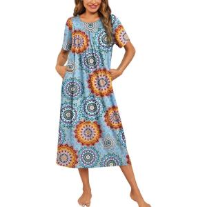 Ekouaer Women’s House Dress with Pockets Long Nightgowns for Women House Dress Pleated Front Moo Moos for Women S-XXXL(Light Blue Mandala)