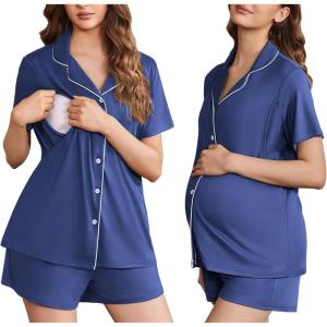 Ekouaer Women’s Maternity Nursing Pajama Sets Button Down Postpartum Pajamas Short Sleeve Breastfeeding Clothes(Blue)