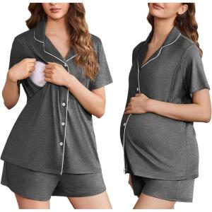 Ekouaer Women’s Maternity Nursing Pajama Sets Button Down Postpartum Pajamas Short Sleeve Breastfeeding Clothes(Dark Grey)