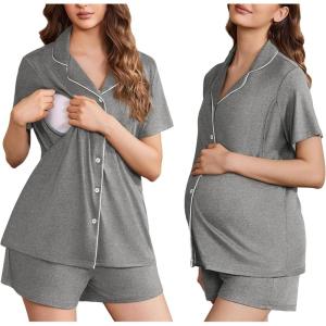 Ekouaer Women’s Maternity Nursing Pajama Sets Button Down Postpartum Pajamas Short Sleeve Breastfeeding Clothes(Middle Grey)