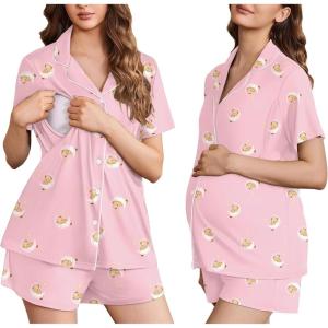 Ekouaer Women’s Maternity Nursing Pajama Sets Button Down Postpartum Pajamas Short Sleeve Breastfeeding Clothes(Pink Moon Teddy)