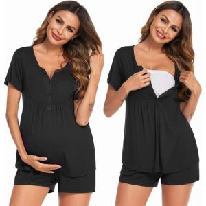 Ekouaer Women’s Maternity Nursing Pajama Sets Short Sleeve Postpartum Pajamas Breastfeeding Pregnancy Clothes(Black)