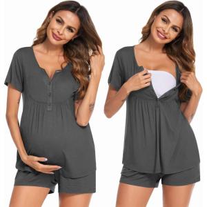Ekouaer Women’s Maternity Nursing Pajama Sets Short Sleeve Postpartum Pajamas Breastfeeding Pregnancy Clothes(Dark Grey)