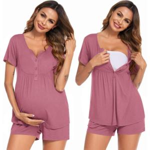 Ekouaer Women’s Maternity Nursing Pajama Sets Short Sleeve Postpartum Pajamas Breastfeeding Pregnancy Clothes(Grey Red)