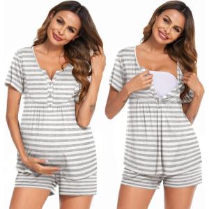 Ekouaer Women’s Maternity Nursing Pajama Sets Short Sleeve Postpartum Pajamas Breastfeeding Pregnancy Clothes(Light Grey Stripe)