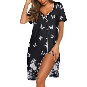 Ekouaer Women’s Nightgown Button Down Nightshirt Short Sleeve Sleepshirt Soft V Neck Sleepwear Pajama Dress(Black Butterflys)