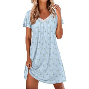 Ekouaer Womens Nightgown Lace Trim V Neck Sleep Shirt Flare Short Sleeve Night Gown Pleated Nightshirt Ladies Nightdress(Floral Blue)