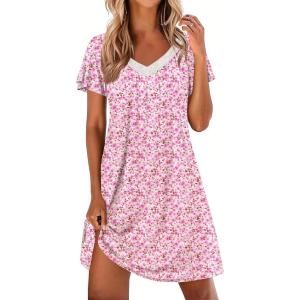Ekouaer Womens Nightgown Lace Trim V Neck Sleep Shirt Flare Short Sleeve Night Gown Pleated Nightshirt Ladies Nightdress(Pink Floral)