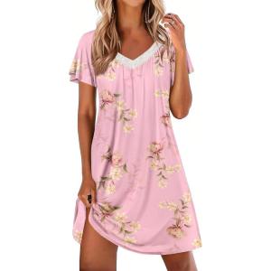 Ekouaer Womens Nightgown Lace Trim V Neck Sleep Shirt Flare Short Sleeve Night Gown Pleated Nightshirt Ladies Nightdress(Pink Flower)