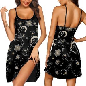 Ekouaer Womens Nightgown Pj Dress for Women Adjustable Spaghetti Chemise Sleeveless V Neck Sleepwear(Black Sun Print)