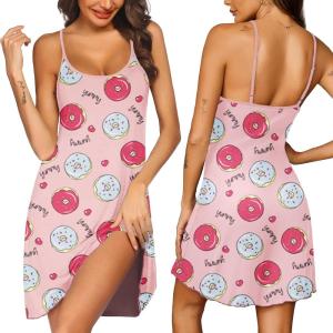 Ekouaer Womens Nightgown Pj Dress for Women Adjustable Spaghetti Chemise Sleeveless V Neck Sleepwear(Pink Donut Print)
