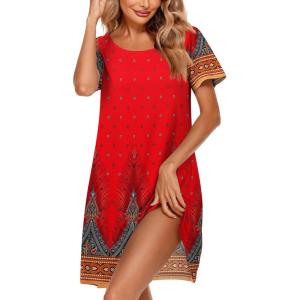 Ekouaer Women’s Nightgown Short Sleeve Sleep Shirt Round Neck T-shirt Dress Soft Nightdress with 2 Pockets S-3XL(Red Feather)