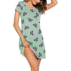 Ekouaer Womens Nightgown Sleep Shirt Dress Satin Patchwork Short Sleeve Sleepwear with Pocket(Green Butterfly)