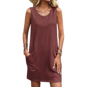 Ekouaer Womens Nightgown Sleeveless Nightgowns for Women with Pocekts Tank Dress Crew Neck Sleepwear S-XXL(Wine Red)