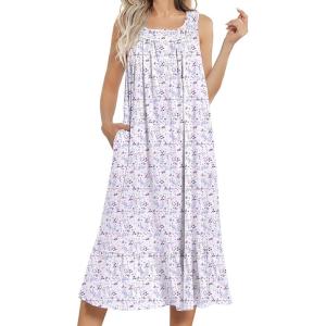 Ekouaer Women’s Nightgowns Long Sleeveless Night gown with Pockets Soft Ladies Nightdress(Leaf Purple)