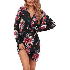 Ekouaer Women’s Nightshirt Long Sleeve Button Down Nightgown V-Neck Sleepwear Casual Pajama Dress(Black Floral)