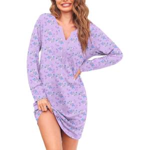 Ekouaer Women’s Nightshirt Long Sleeve Button Down Nightgown V-Neck Sleepwear Casual Pajama Dress(Purple Floral)