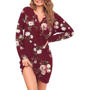 Ekouaer Women’s Nightshirt Long Sleeve Button Down Nightgown V-Neck Sleepwear Casual Pajama Dress(Red Floral)