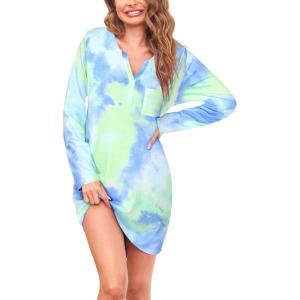 Ekouaer Women’s Nightshirt Long Sleeve Button Down Nightgown V-Neck Sleepwear Casual Pajama Dress(Tie-dye)