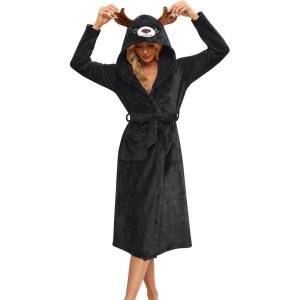 Ekouaer Women’s Robe Cute Animal Bathrobes Full Length Soft House Coat with Hood for Adult S-XXL(Black Elk)
