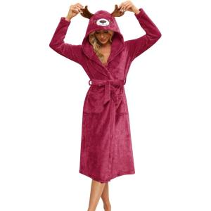 Ekouaer Women’s Robe Cute Animal Bathrobes Full Length Soft House Coat with Hood for Adult S-XXL(Wine Red Elk)