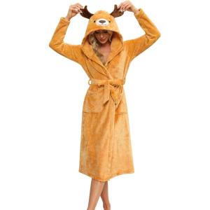 Ekouaer Women’s Robe Cute Animal Bathrobes Full Length Soft House Coat with Hood for Adult S-XXL(Yellow Ocher Elk)