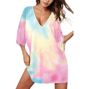 Ekouaer Women’s Sleepshirt Deep V Neck Nightgown Batwing Nightshirt Oversized Sleepwear(Blue Pink Tie Dye)
