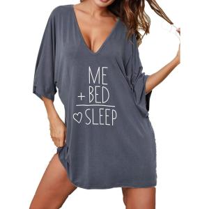 Ekouaer Women’s Sleepshirt Deep V Neck Nightgown Batwing Nightshirt Oversized Sleepwear(Grey Letters)