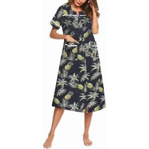 Ekouaer Womens Snap Front Dusters Cotton Housecoat Short Sleeve Nightgown House Dress With Pockets(Black Pineapple)
