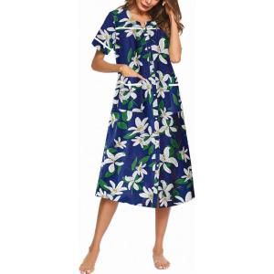 Ekouaer Womens Snap Front Dusters Cotton Housecoat Short Sleeve Nightgown House Dress With Pockets(Blue Floral)