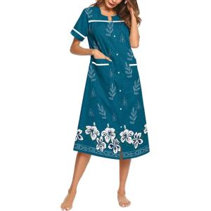 Ekouaer Womens Snap Front Dusters Cotton Housecoat Short Sleeve Nightgown House Dress With Pockets(Blue White Floral)