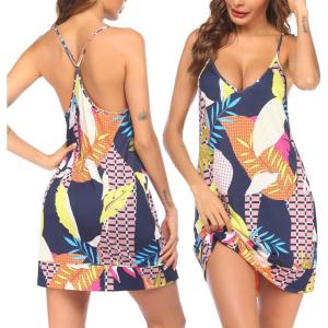 Ekouaer Women’s V Neck Racerback Sleeveless Nightgown(Navy Leaves)