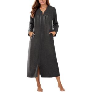 Ekouaer Zipper Robes for Women Long Knit Bathrobes Lightweight Full Length Housecoat with Pockets Nightgown S-3XL(Deep Gray)
