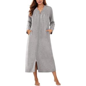 Ekouaer Zipper Robes for Women Long Knit Bathrobes Lightweight Full Length Housecoat with Pockets Nightgown S-3XL(Light Gray)