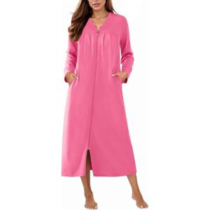 Ekouaer Zipper Robes for Women Long Knit Bathrobes Lightweight Full Length Housecoat with Pockets Nightgown S-3XL(Peach)