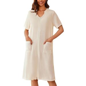 Ekouaer Zipper Robes for Women Waffle Knit Bathrobes Short Lightweight Knee Length Loungewear with Pockets S-XXL(A-beige)
