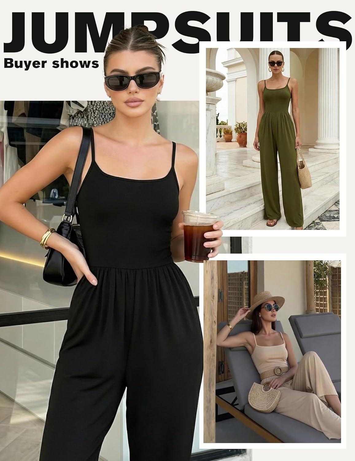 imageEkouaer Jumpsuits for Women Sleeveless Spaghetti Strap Womens Jumpsuit One Piece Wide Leg Summer Romper With Pockets 2026Grayish Blue
