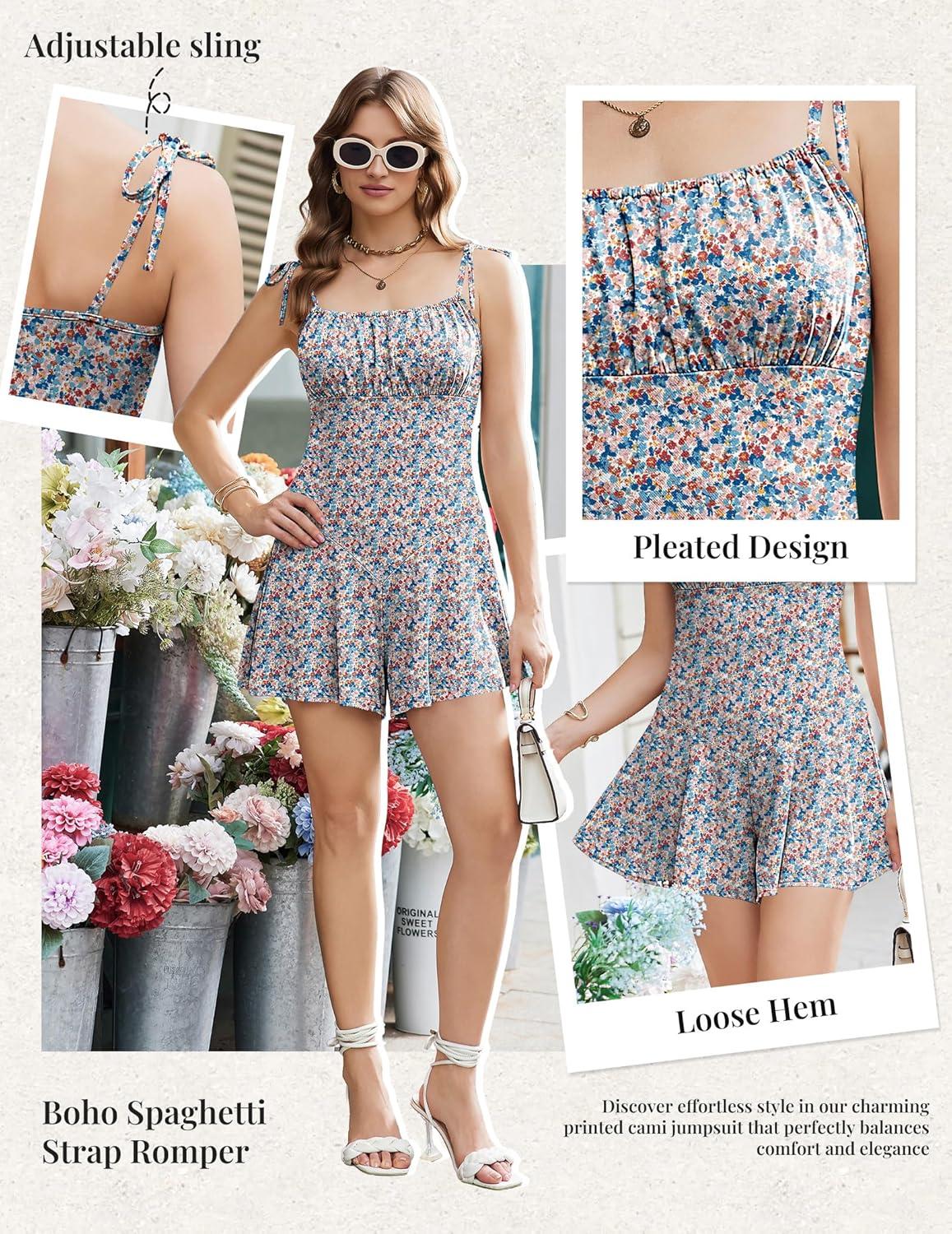imageEkouaer Rompers for Women Boho Floral Summer Romper Sleeveless Spaghetti Strap Smocked Loose Casual Shorts JumpsuitsMulticolored Flowers