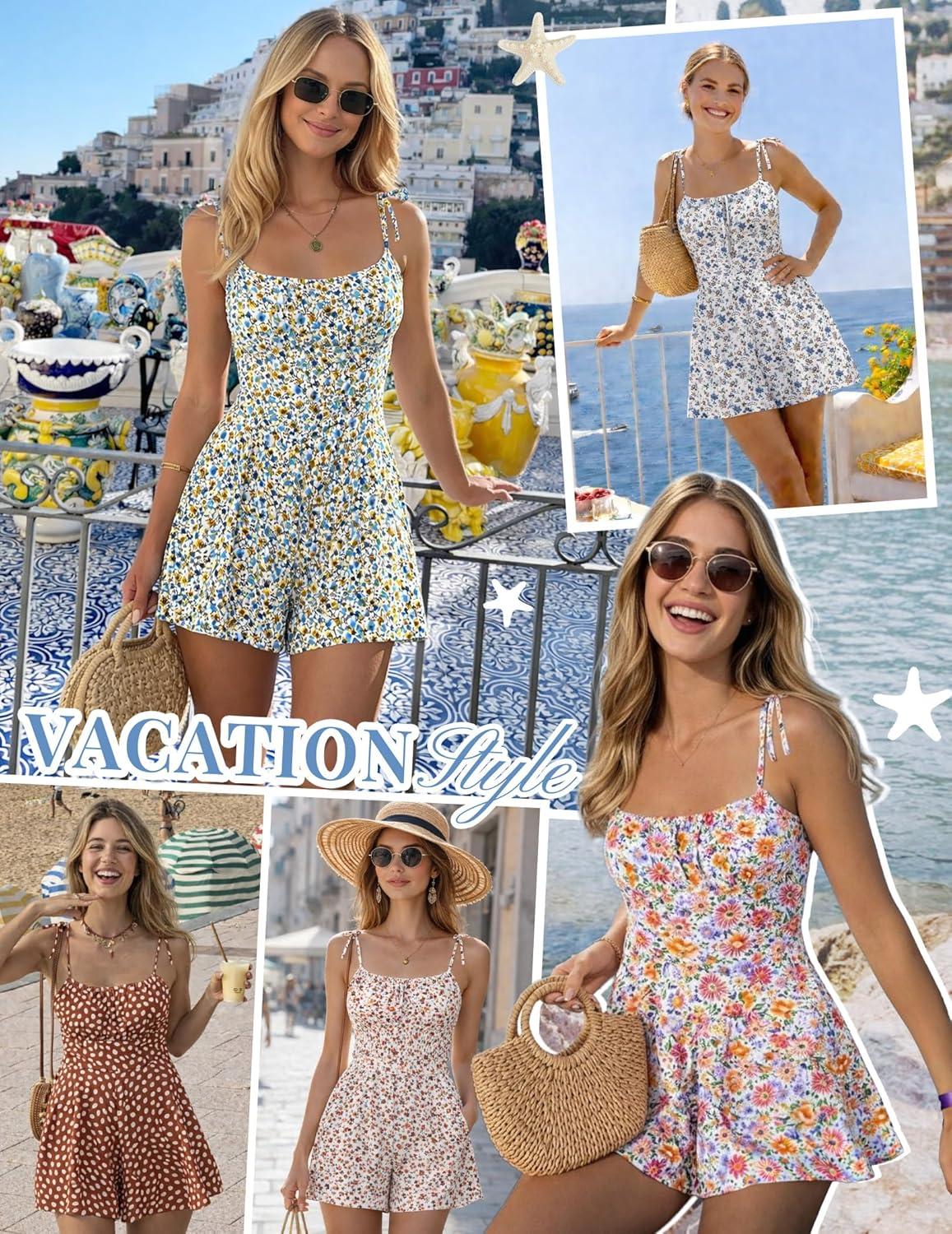 imageEkouaer Rompers for Women Boho Floral Summer Romper Sleeveless Spaghetti Strap Smocked Loose Casual Shorts JumpsuitsRed White