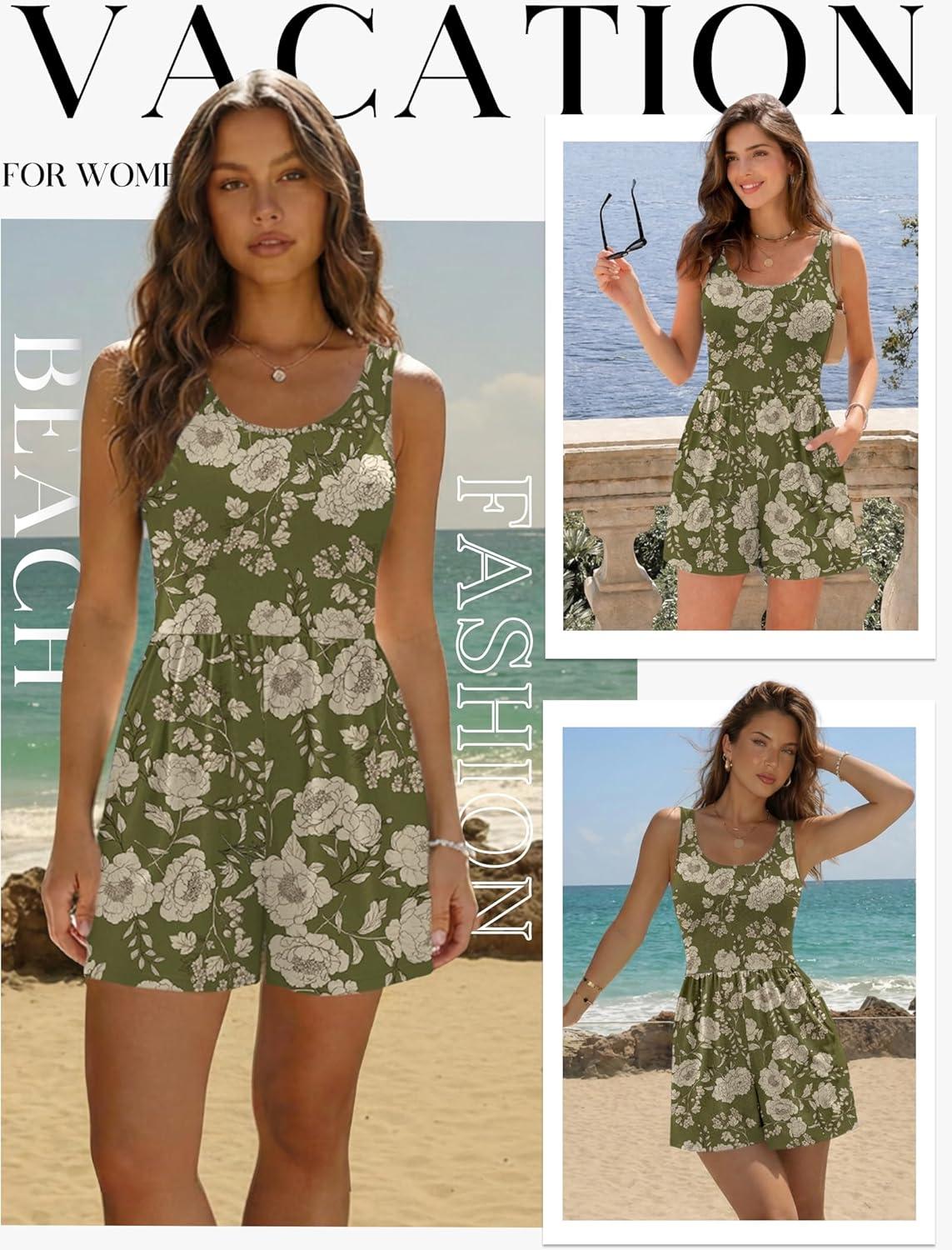 imageEkouaer Rompers for Women Summer Romper Sleeveless Scoop Neck Short Jumpsuits for Women Beach Jumpsuit with Pockets 2026Army Green Floral