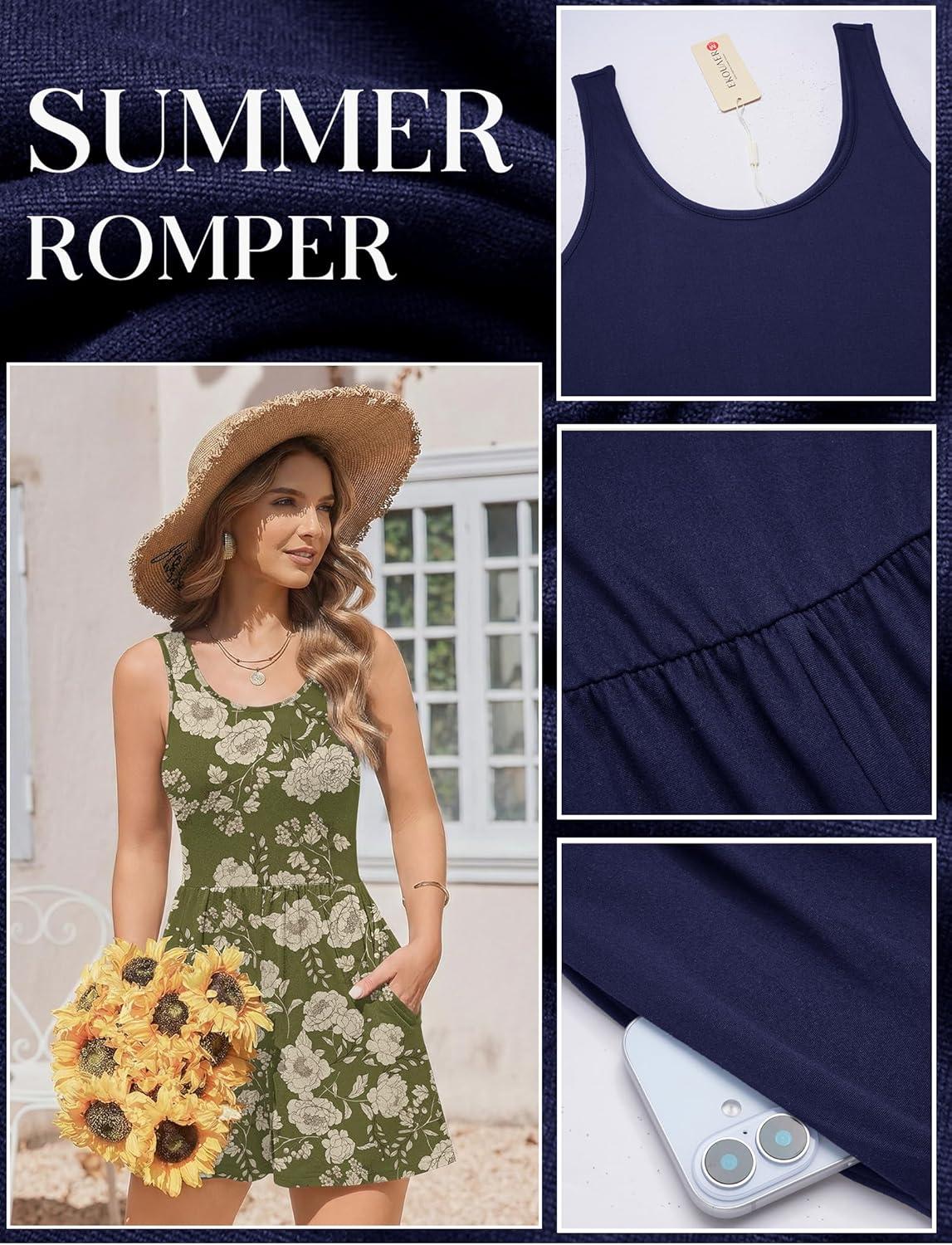 imageEkouaer Rompers for Women Summer Romper Sleeveless Scoop Neck Short Jumpsuits for Women Beach Jumpsuit with Pockets 2026Army Green Floral