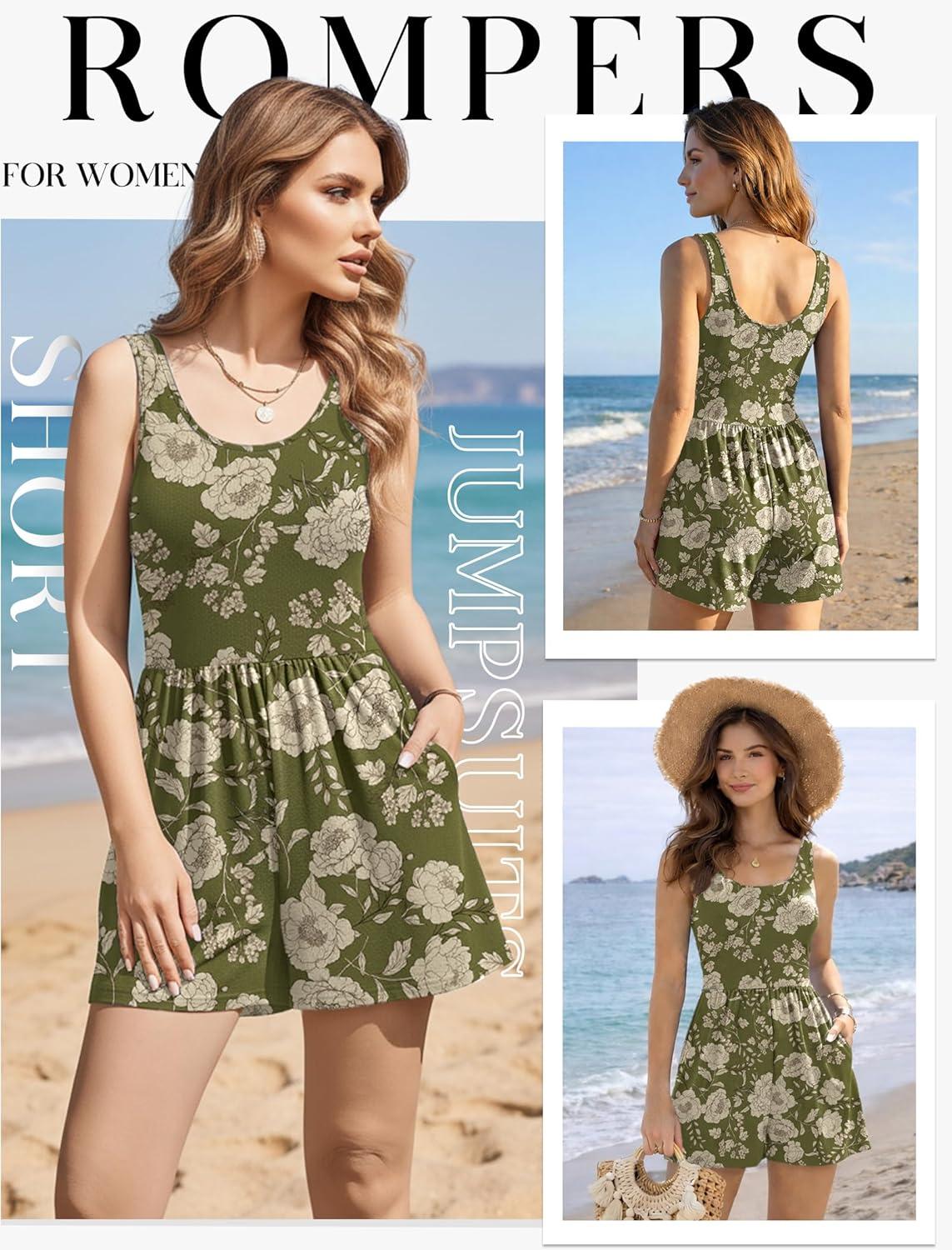 imageEkouaer Rompers for Women Summer Romper Sleeveless Scoop Neck Short Jumpsuits for Women Beach Jumpsuit with Pockets 2026Army Green Floral
