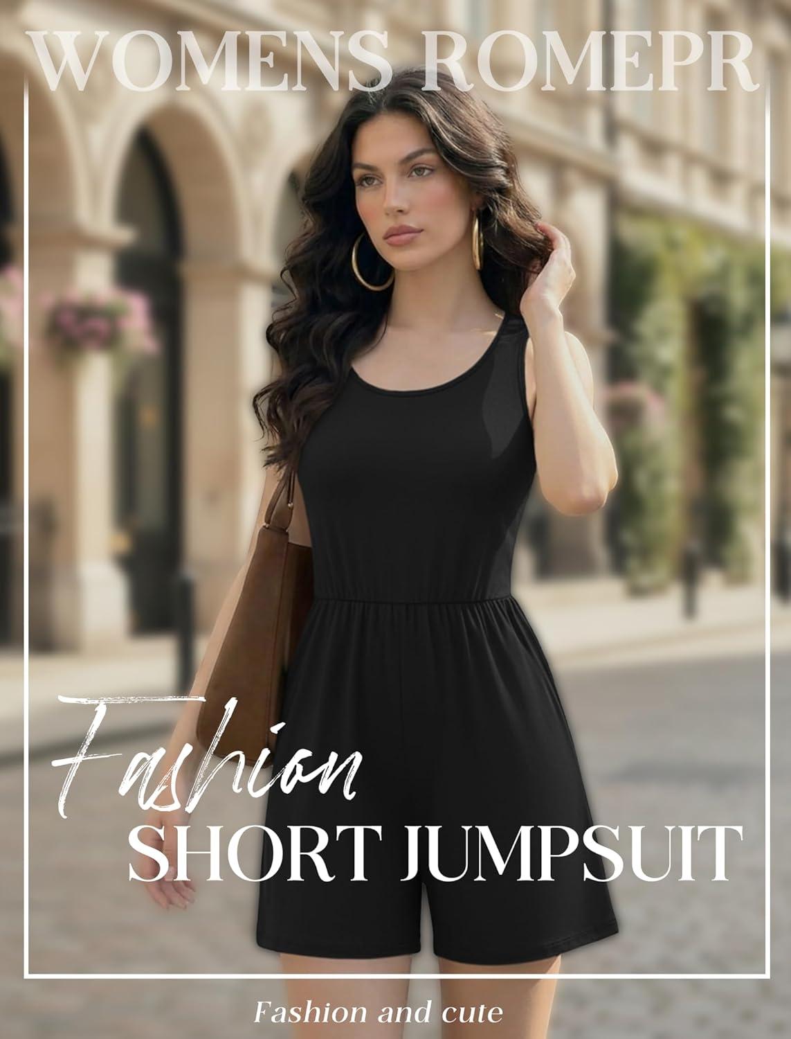 imageEkouaer Rompers for Women Summer Romper Sleeveless Scoop Neck Short Jumpsuits for Women Beach Jumpsuit with Pockets 2026Black