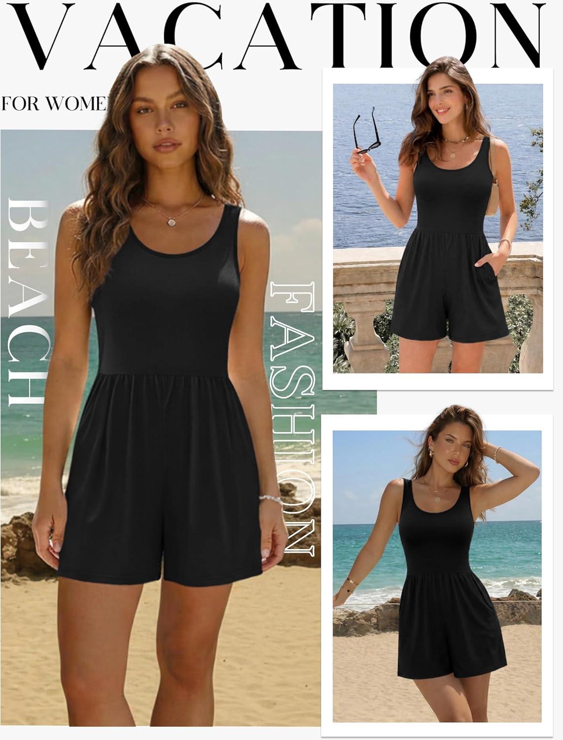 imageEkouaer Rompers for Women Summer Romper Sleeveless Scoop Neck Short Jumpsuits for Women Beach Jumpsuit with Pockets 2026Black