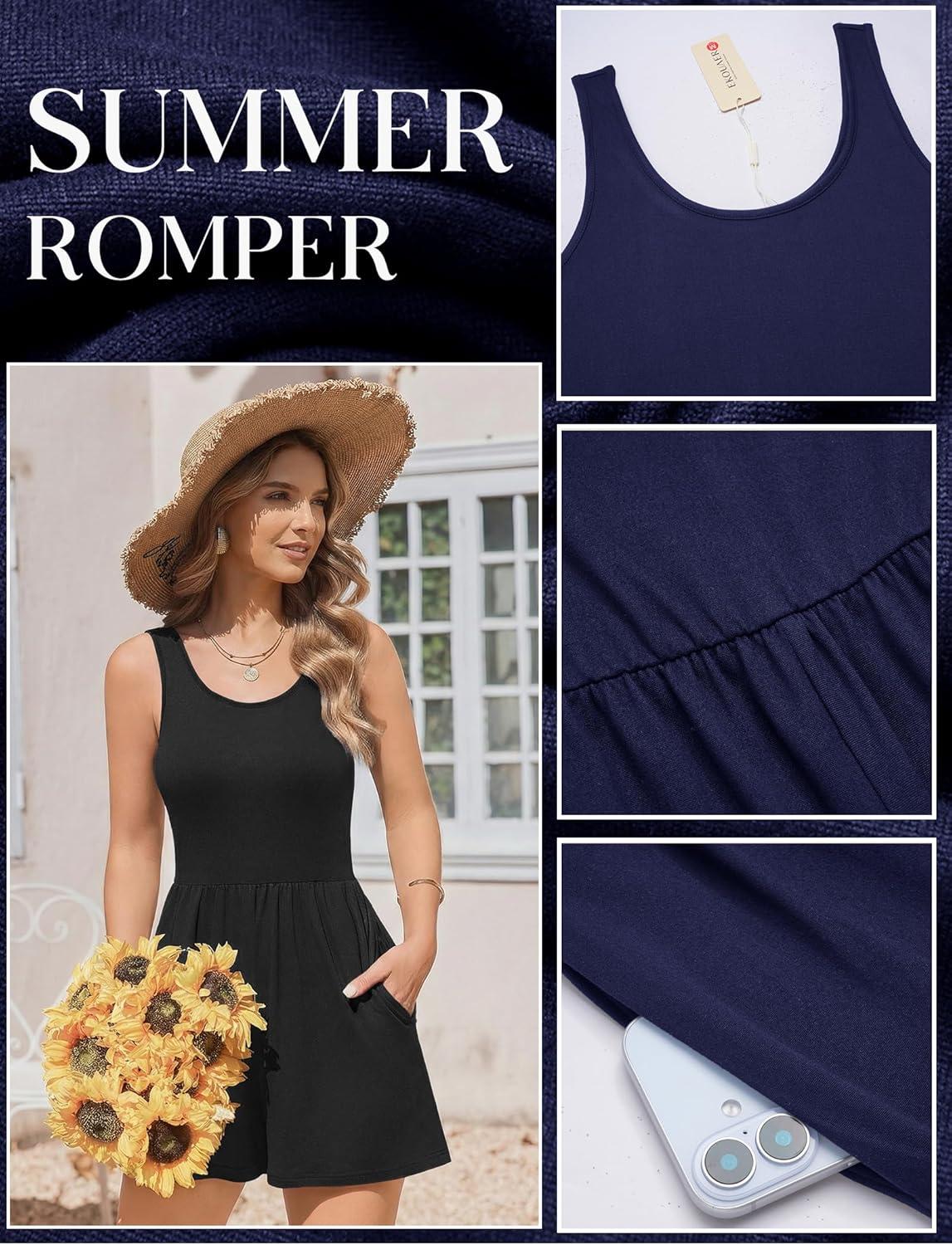 imageEkouaer Rompers for Women Summer Romper Sleeveless Scoop Neck Short Jumpsuits for Women Beach Jumpsuit with Pockets 2026Black
